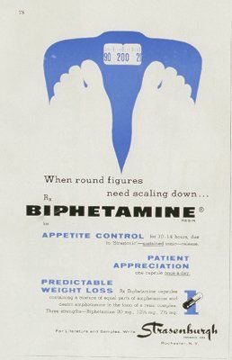 Advertentie voor Biphetamine "when round figures need scaling down". Bovenaan zie je een voorstelling van twee voeten op een weegschaal en onderaan wordt uitgelegd hoe deze pillen zorgen voor 'appetite control'.