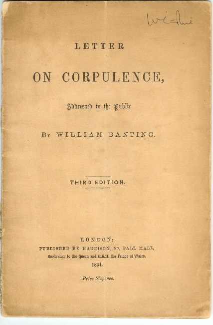 Cover van de derde editie van het boek 'Letter on Corpulence, addressed to the public' geschreven door William Banting en uitgegeven in Londen.