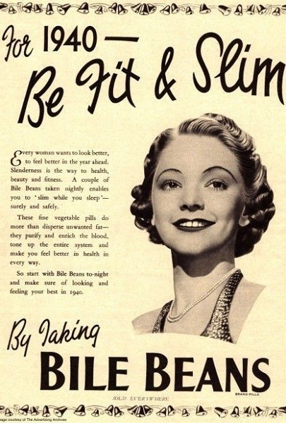 'Be fit & slim by taking bile beans' schreeuwt deze advertentie. De galbonen worden omschreven als 'vegetable pills' die je 's avonds moet innemen 'to slim while you sleep'. Deze pillen 'disperse unwanted fat' én 'purify and enrich the blood'.