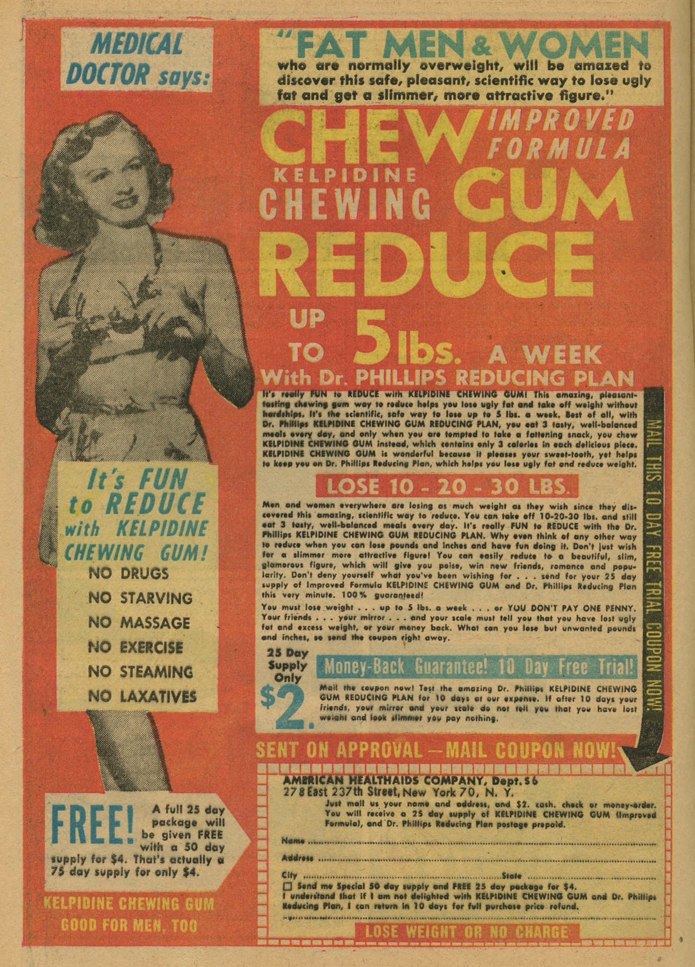 Advertentie met een oranje achtergrond en in grote gele letters: Chew gum, reduce up to 5 lbs. a week with Dr. Phillips Reducing Plan. Aan de linkerkant is een dunne, witte vrouw te zien met daarover de kadertekst: No drugs, no starving, no massage, no exercise, no steaming, no laxatives. Voor $2 had je genoeg om 25 dagen te kauwen.