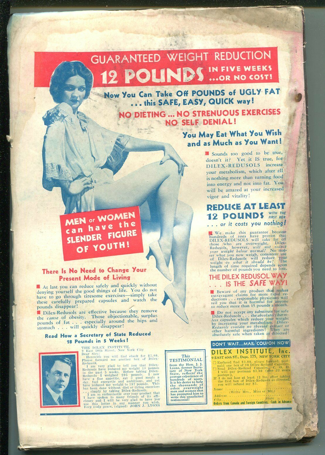 Advertentie voor Redusols met ‘guaranteed weight reduction’. Links zit een dunne vrouw in een sexy pose met blote benen. De rest van de advertentie is tekst die uitlegt hoe veilig deze pillen zijn: Now you can take off pounds of ugly fat ... this safe, easy, quick way!