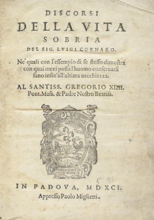 Vergeelde cover van het boek 'Discoris della vita sobria del sig. Luigi Cornaro' uitgegeven in 1591 in Padua.