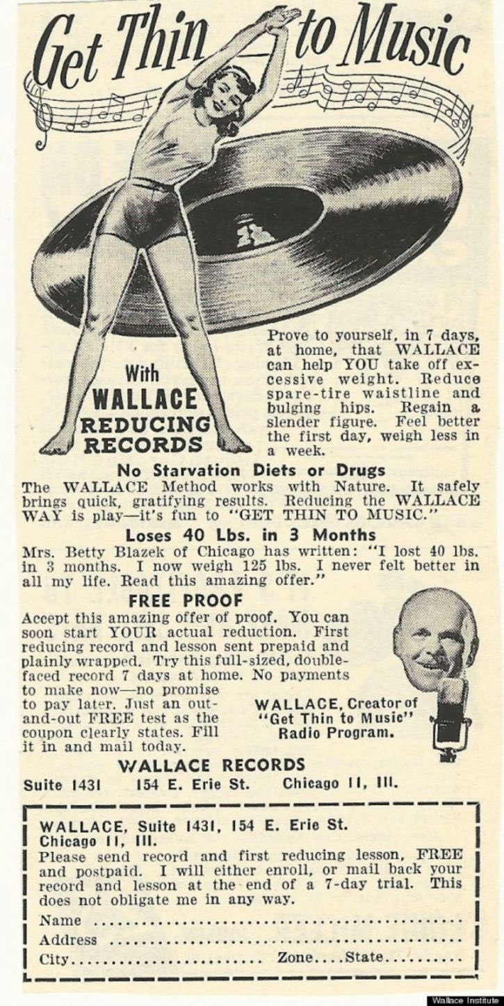 'Get thin to music' belooft deze advertentie van Wallace Reducing Records. 'No starvation diets or drugs' en je krijgt er zelfs een testimonial bij van Mrs. Betty Blazek uit Chicago die 40 pounds in drie maanden kwijt is met behulp van de Wallace Method.