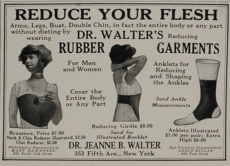 Advertentie voor 'Dr. Walter's Rubber Garments' met als resultaat 'reduce your flesh'. Voor elk lichaamsdeel is er iets beschikbaar: je boezem, armen, enkels, dubbele kin, heupen ... Een 'brassiere' kost $7 en een 'chin reducer' $2.50.
