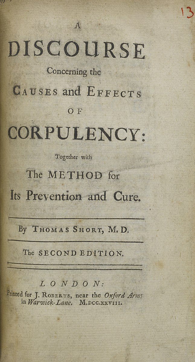 De cover van de tweede editie van het boek 'A Discourse Concerning the Causes and Effects of Corpulency: Together with The Method for Its Prevention and Cure' geschreven door Thomas Short, M.D. en uitgegeven in Londen.